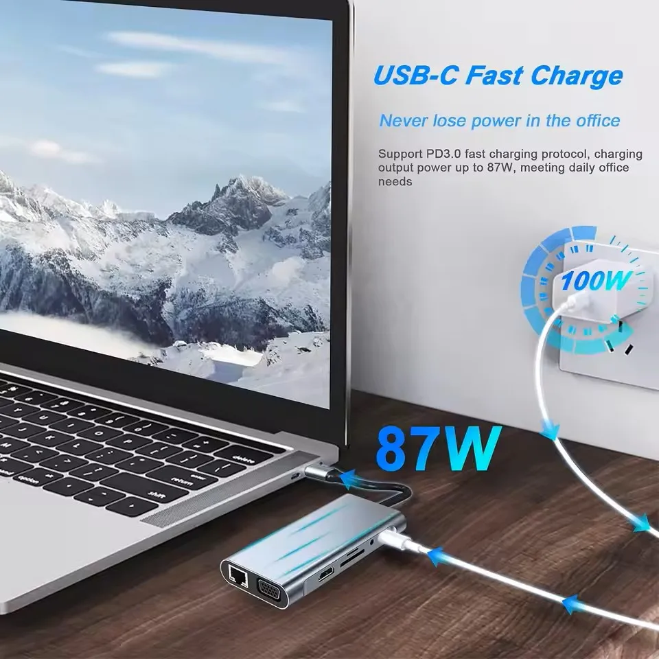 USB C HUB, Type C  Adapter 11 in 1 Dongle with 4K HDMI/VGA/Type C PD/RJ45/ SD/TF Card Reader For MacBook Pro/Air M1 iPad