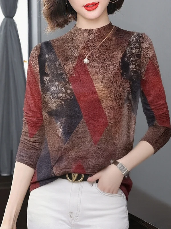 

Elegant Style Long Sleeve Fleece Lined Thickened Printed Turtleneck Women's Mid-aged Mom's Slim Fit Warm Inner Wear Top