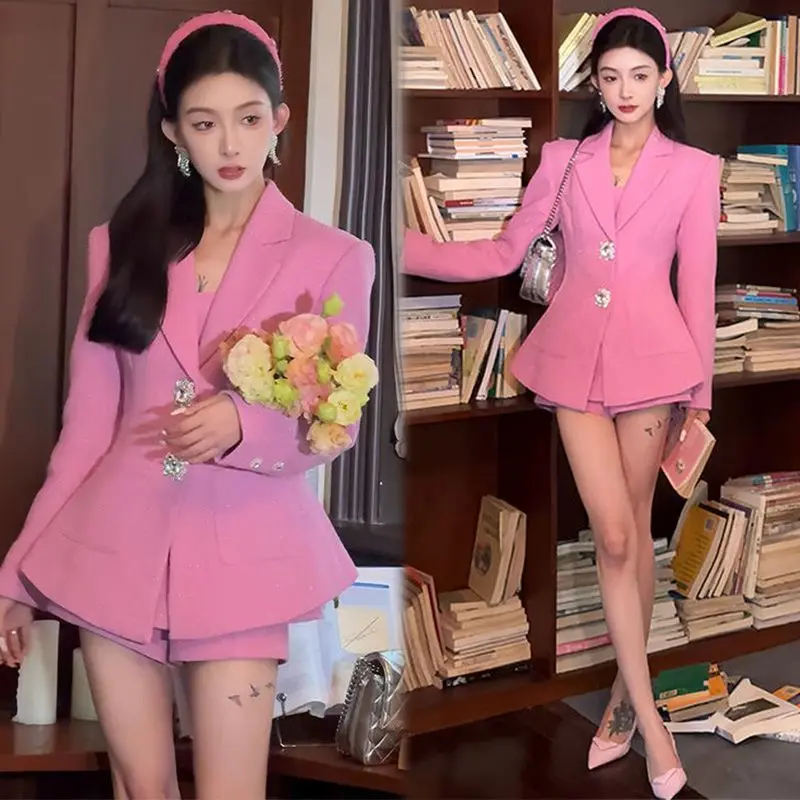 

New Korean Fashion High End Autumn Two Piece Set Diamond Buckle Lapel Short Jacket Coat + Mini Shorts Small Fragrance Suit