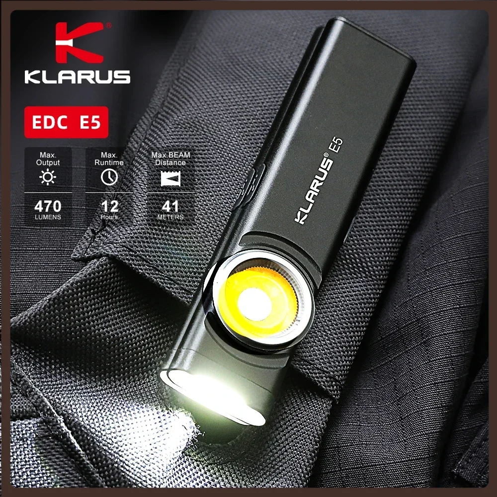 Klarus-E5 Lanterna Recarregável EDC com Carregamento USB, Lanterna LED, Bateria Li-ion Embutida, Tocha, IPX4, Cauda Magnética