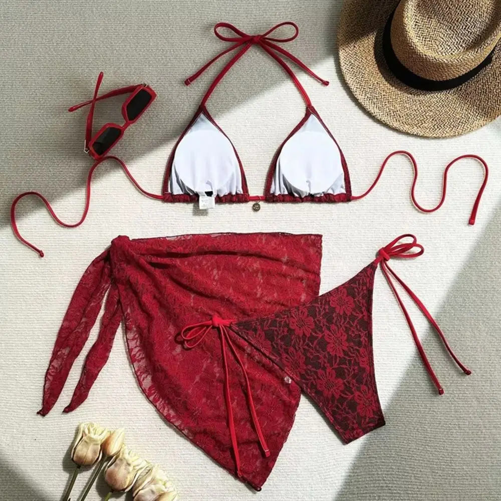 

3Pcs/Set Fashion Summer Lace Bikinis Casual Brazilian Swimwear Beachwear Party Bikini Set Beach