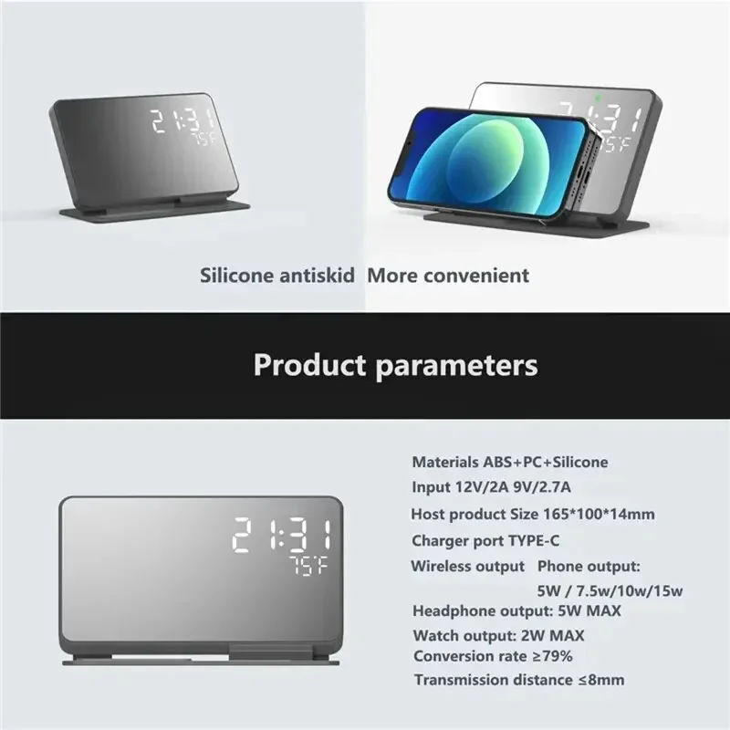 4 In 1 Wireless Charger Stand Alarm Clock Temperature Fast Charging Dock Station For iPhone 15 14 Samsung S23 S22 Galaxy Watch