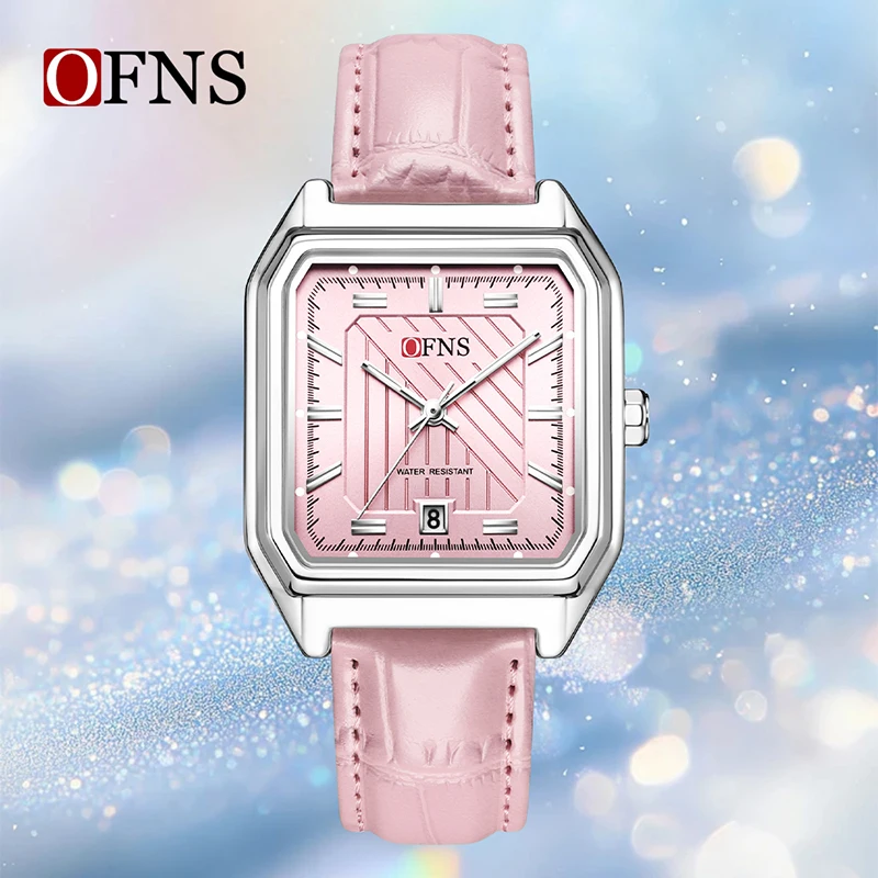 OFNS 1623 Leather Strap Fashion Sports Men Women Wrist Watches Casual Quartz Watch Simple Square Dial Calendar Waterproof