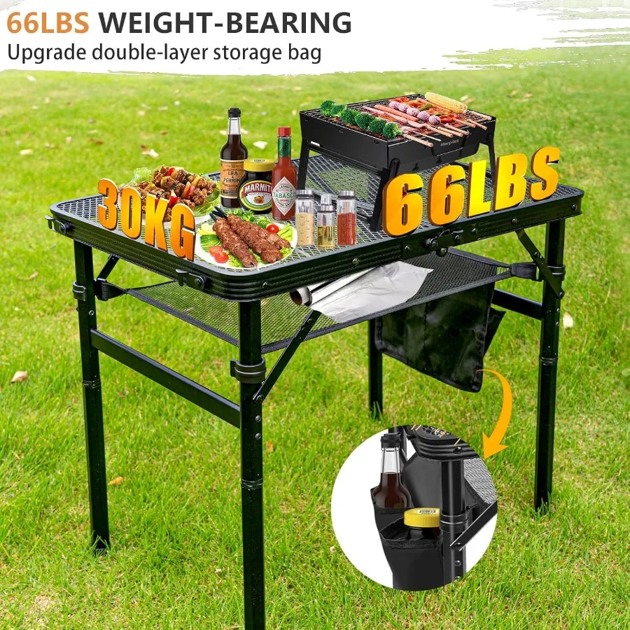 Portable Folding Grill Table 2X1.3 FT Camping Picnic Table Two Heights Available Outdoor Grill Table with Mesh Desktop Outdoor