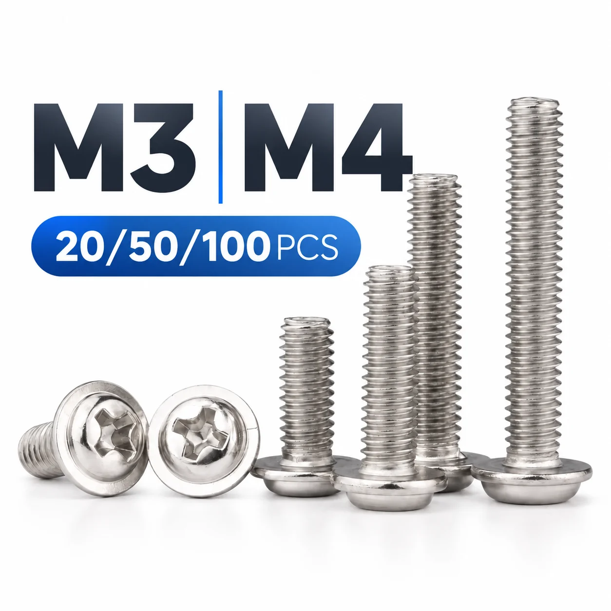 20/50/100 Pieces of 304 Stainless Steel PWM Cross Round Head with Washer Flange Bolt M3 M4x5-25mm Cross Groove Pan Head Screw