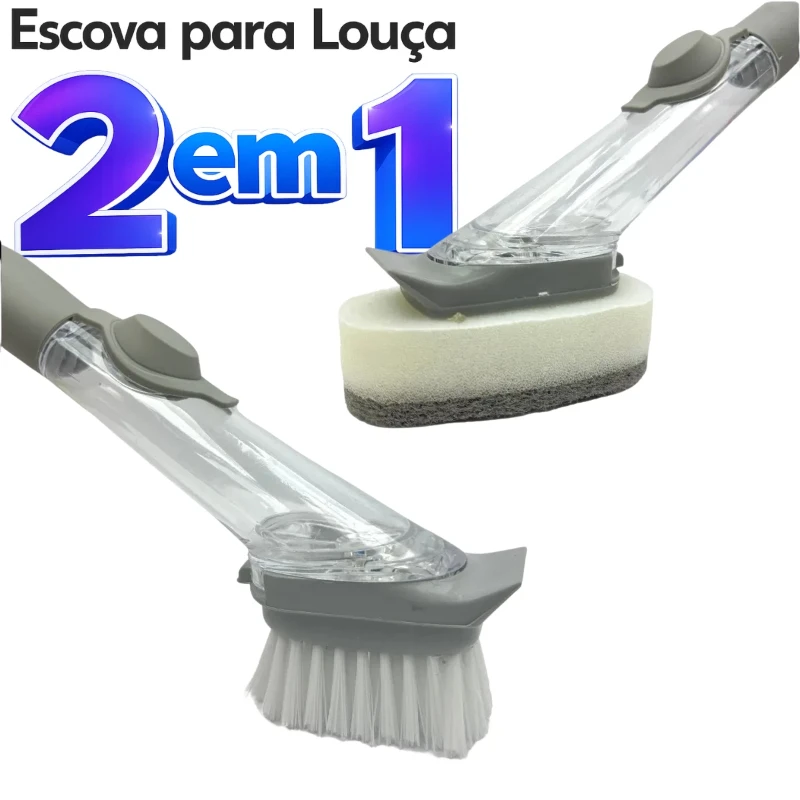 2 In 1 Multifunctional Cleaning Brush Long Handle Automatic Liquid Addition Brush 2 Heads Sponge And Brush Cookware Kitchen