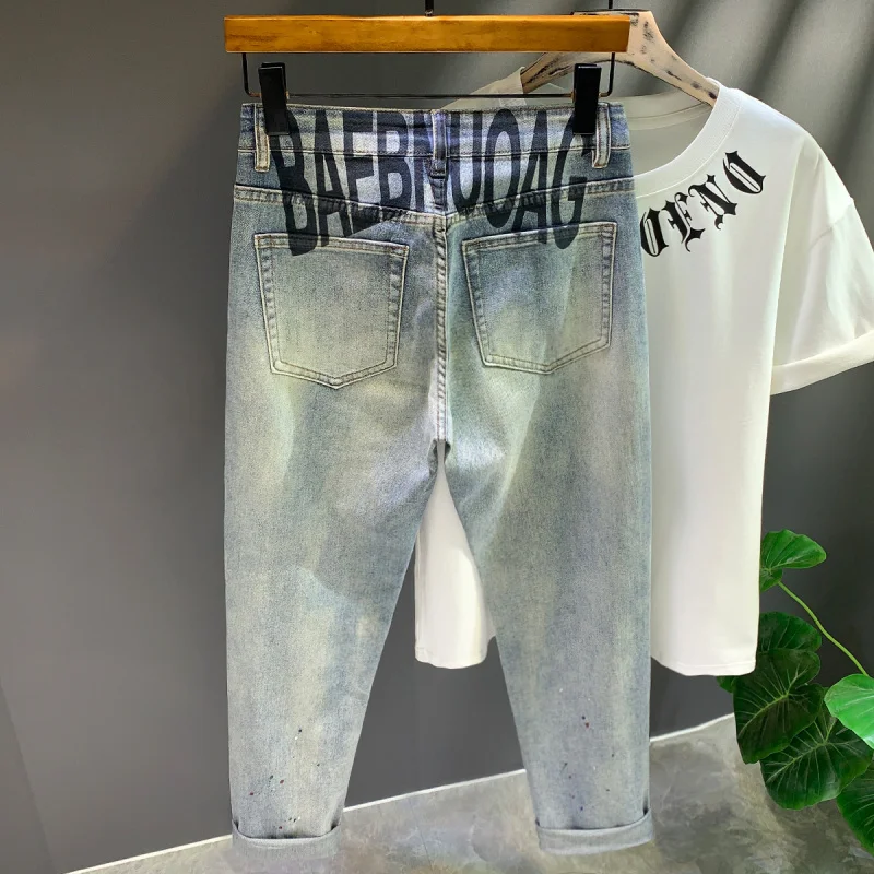 Jeans à jambe droite déFlexrétro pour hommes, design de rue imprimé, mode printemps et été, vêtements pour hommes, fjMen, nouveau, 2021