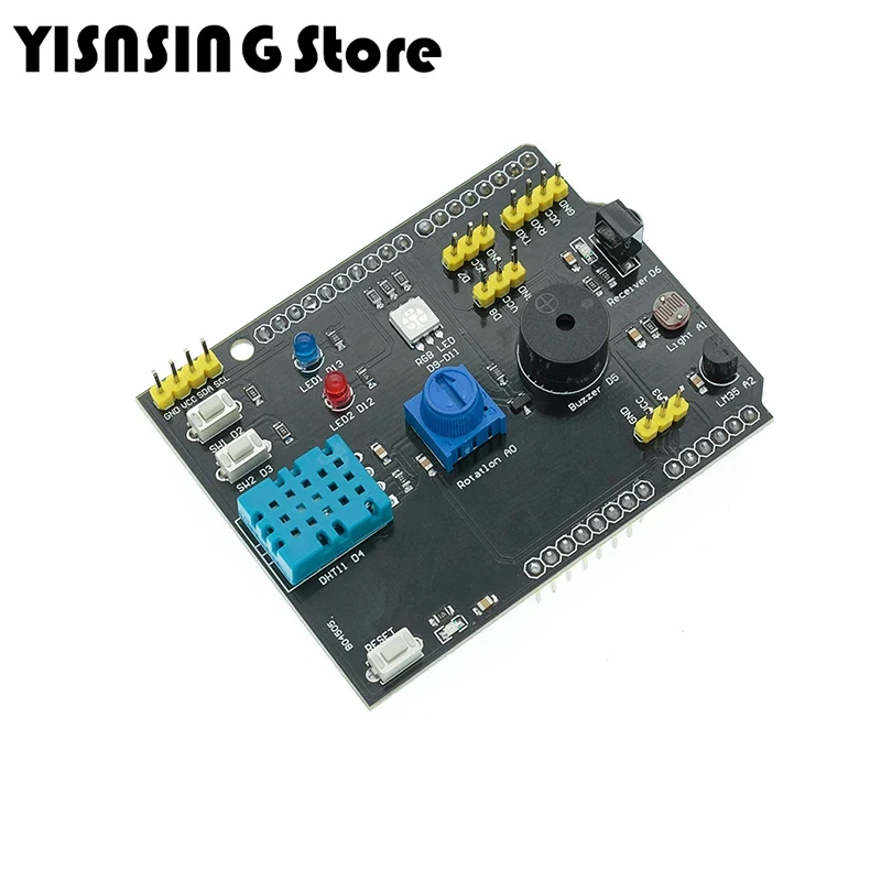 Papan sensor multifungsi 9 in 1, papan ekspansi DHT11 LM35 kelembaban suhu untuk Arduino UNO RGB LED IR penerima bel