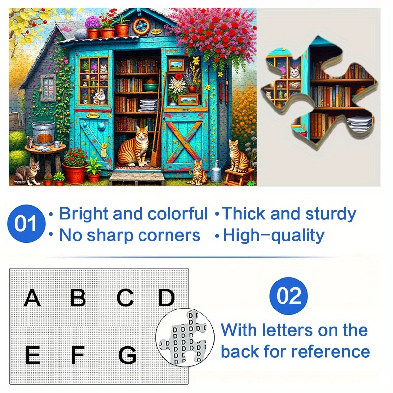 لغز 500/1000 قطعة - منزل خشبي ساحر مع قطة وزهور وكتب، ألوان نابضة بالحياة، تصميم رائع، مثالي لديكور المنزل