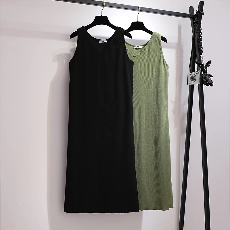 Plus-size women's summer casual sleeveless dress Black green polyester pit striped long skirt loose and comfortable