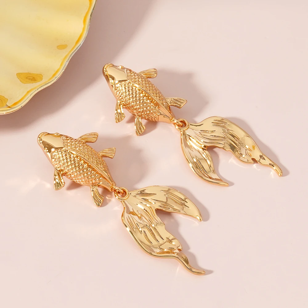 Stainless Steel Goldfish Earrings Chunky Design Unique Gold Color Fish Hanging Party Wedding Jewelry Women's Ear Jewelry