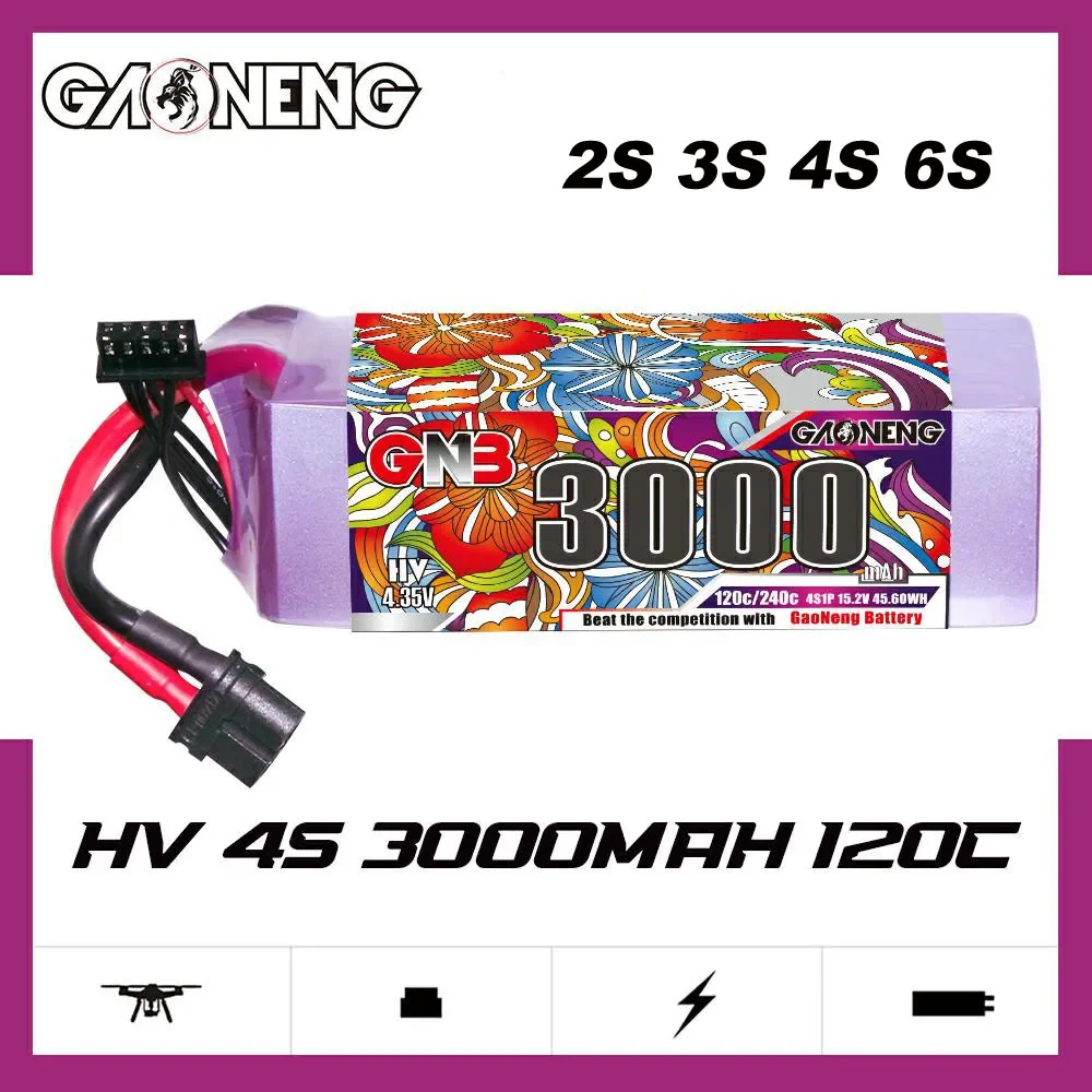 

GAONENG GNB 3000mAh 120C 2S-7.6V 3S-11.4V 4S-15.2V 6S-22.8V Light Weight LiHV Battery XT60 Plug For RC Helicopter FPV Drone Car