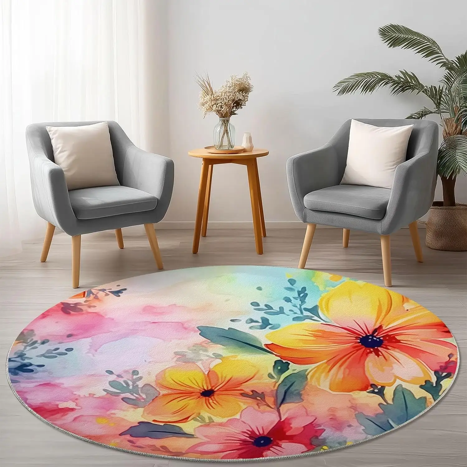 Soft Washable Round Rug with Watercolor Floral Design – Non-Slip Circular Mat for Bedroom, Living Room & Entryway