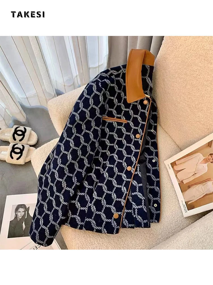 Veste à Carreaux Décontractée pour Femme, Col Coloré Combiné, Veines de Poche, Vintage, Mode de Rue, Automne et Hiver 2022