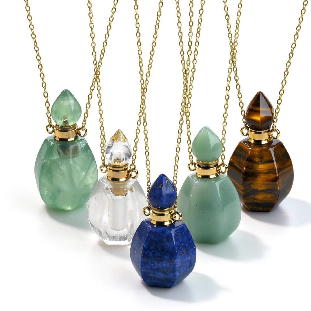 1PC Teardrop Natural Mineral Perfume Bottle Necklace, Multi-color Essential Oil Vial Pendant for Women Golden Plated N2C1101