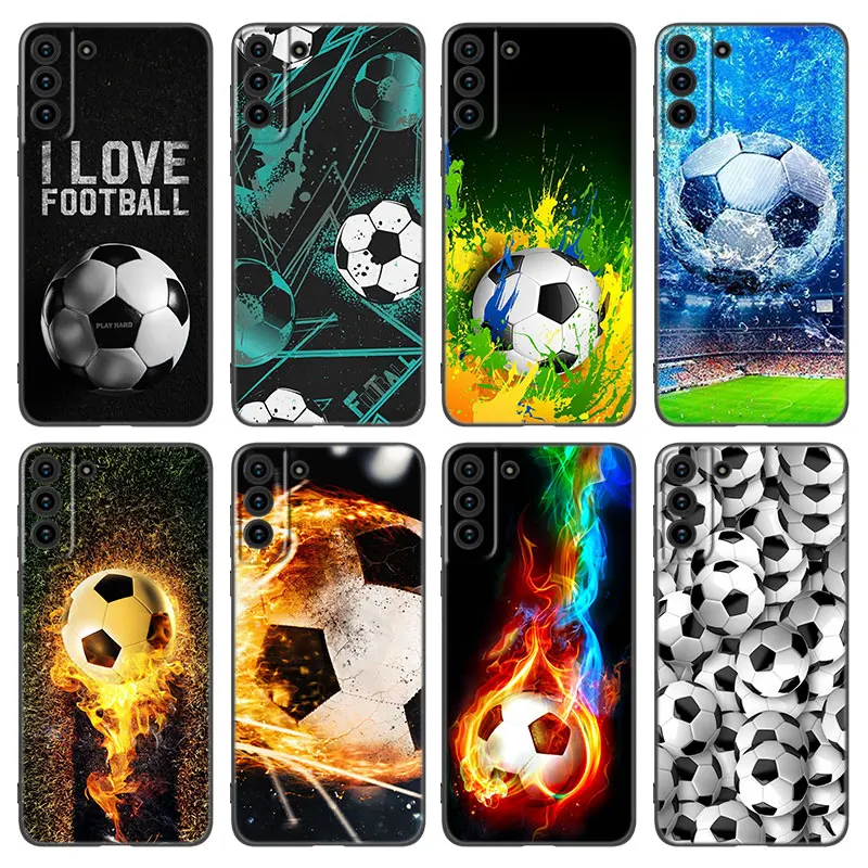 Fire Football Soccer Ball Black Silicone Phone Case For Samsung Galaxy S20 S23 FE S21 S22 S24 Ultra S10 Lite S8 S9 Plus S7 Edge