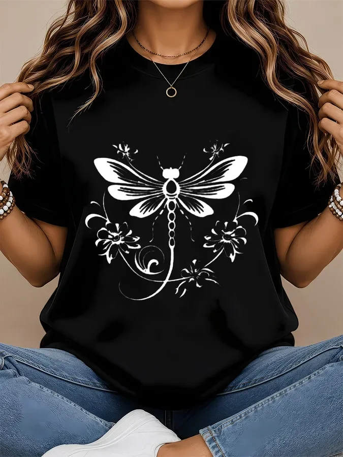 2026 Women Plus Size Summer Casual T-Shirt, Boho Chic Dragonfly & Botanical Flower Graphic Print Tee, Insect Silhouette Design, Loose Crew Neck Short Sleeve Basic Tops For Daily Outfit