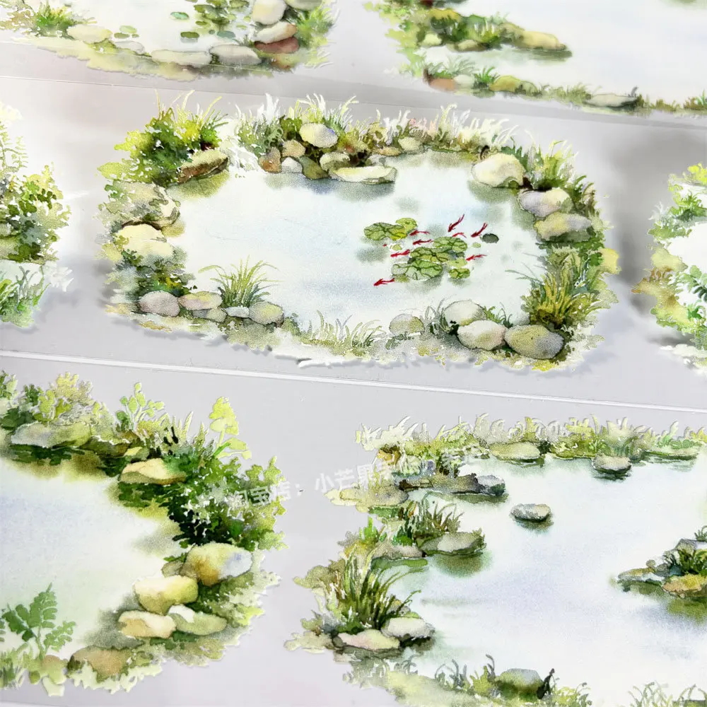 Spring Pond Stone Fish Pattern Decorative Stickers for Scrapbook Journal Laptop Phone Casewashi pet tape