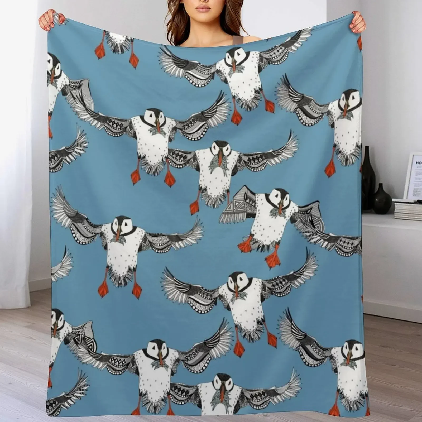 Atlantic Puffins blue Throw Blanket Bed Fashionable christmas decoration for babies Hair Blankets