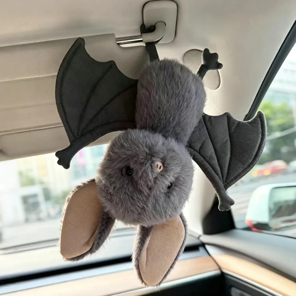 Fluffy Bat Plush Hanging Ornament Soft Stuffed Bat Doll Halloween Christmas Home Decor for Car Rearview Mirror Sun Visor Pendant