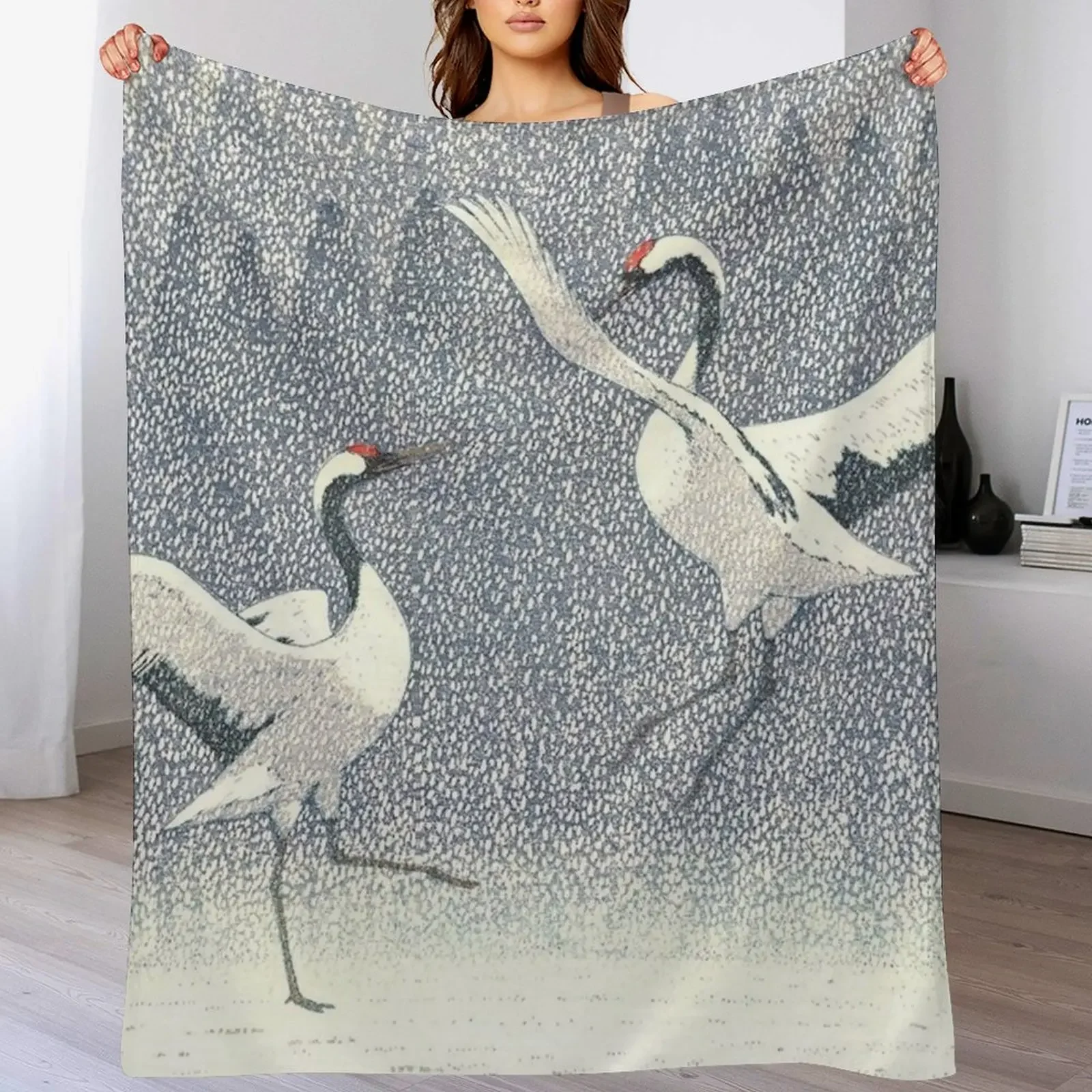 Yoshida Toshi - Seirei no Mai (Dance of Eternal Love) (Red - crowned Crane) Vintage Art Japanese Woodblock Print E Throw Blanket