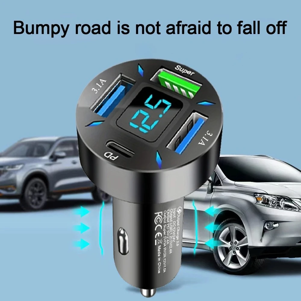 شاحن سيارة ذكي ذو 4 منافذ - شحن سريع PD USB C مع شاشة رقمية