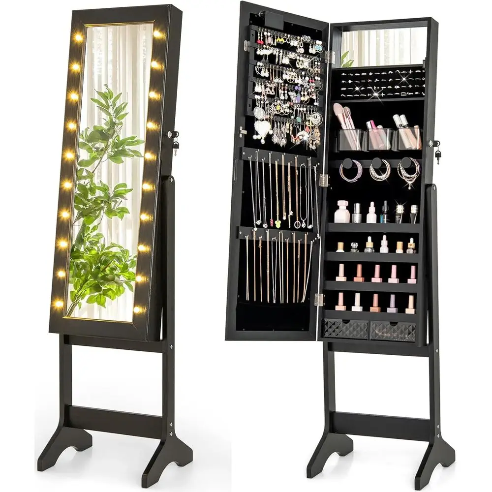 Standing Armoire with Lighted Full Length Mirror, Lockable Jewelry Cabinet Organizer with 20 LED Lights, Adjustable, Large Stora