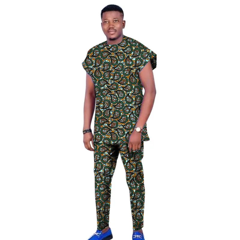 Raglan Sleeve Design Summer African Men\'s Set Tops+Elastic Waist Pants Print Outfits Tailored Nigerian Party Wear