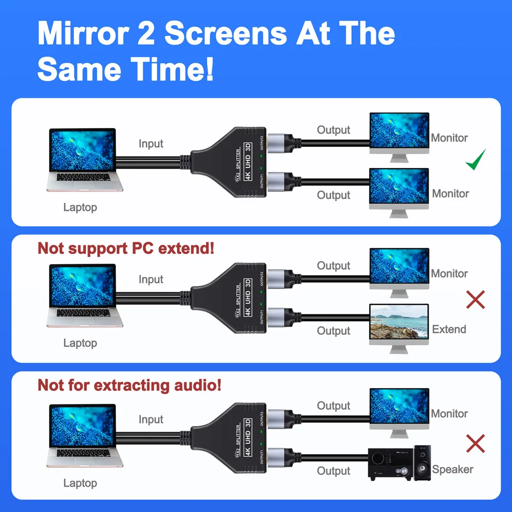 For HDMI Splitter 1 in 2 Out  4K@30hz HDTV Splitter 1 Source to 2 Displays at The Same Time for Dual Monitors Display Screens