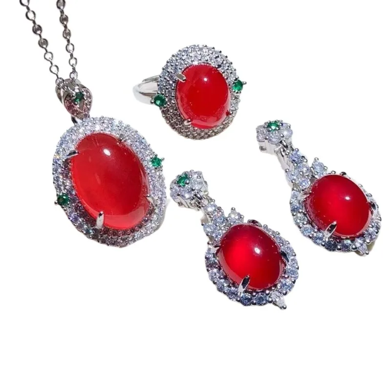 

Natural ice chalcedony pendant set silver inlaid ring earrings pendant three-piece set