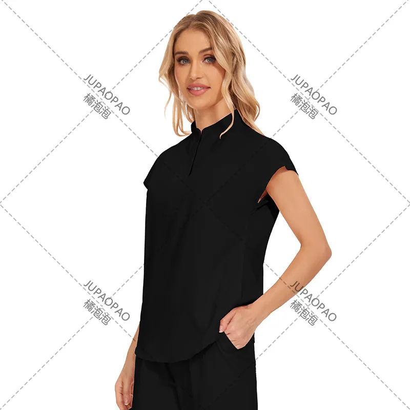 Ropa de mano de limpieza de secado rápido de alta gama, ropa de médico de manga corta, ropa quirúrgica, ropa de trabajo para salón de belleza para mujer