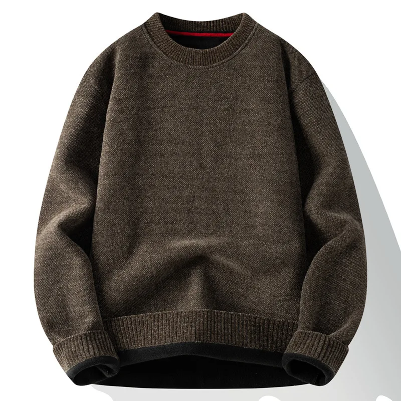 Autumn Winter Fleece Thicken Men's Sweater Solid Color O-neck Business Simple Casual Pullover Loose Cozy Warm Youth Male Tops