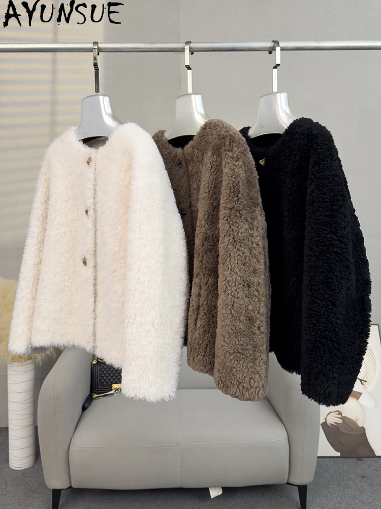 AYUNSUE 100% Natürliche Wolle frauen Jacke Elegante Rundhals Lamm Pelz Jacke Frau Kleidung Lose Outer 2025, Ropa Para mujer