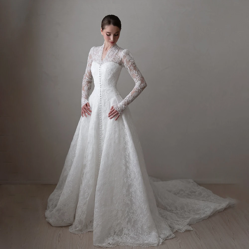 Image of Mophiel Spitzen-Hochzeitskleider mit hohem Kragen, langen Illusionsärmeln, A-Linie, Brautkleid mit Schleppe, Kirchen-Brautkleid, individuell anpassbar