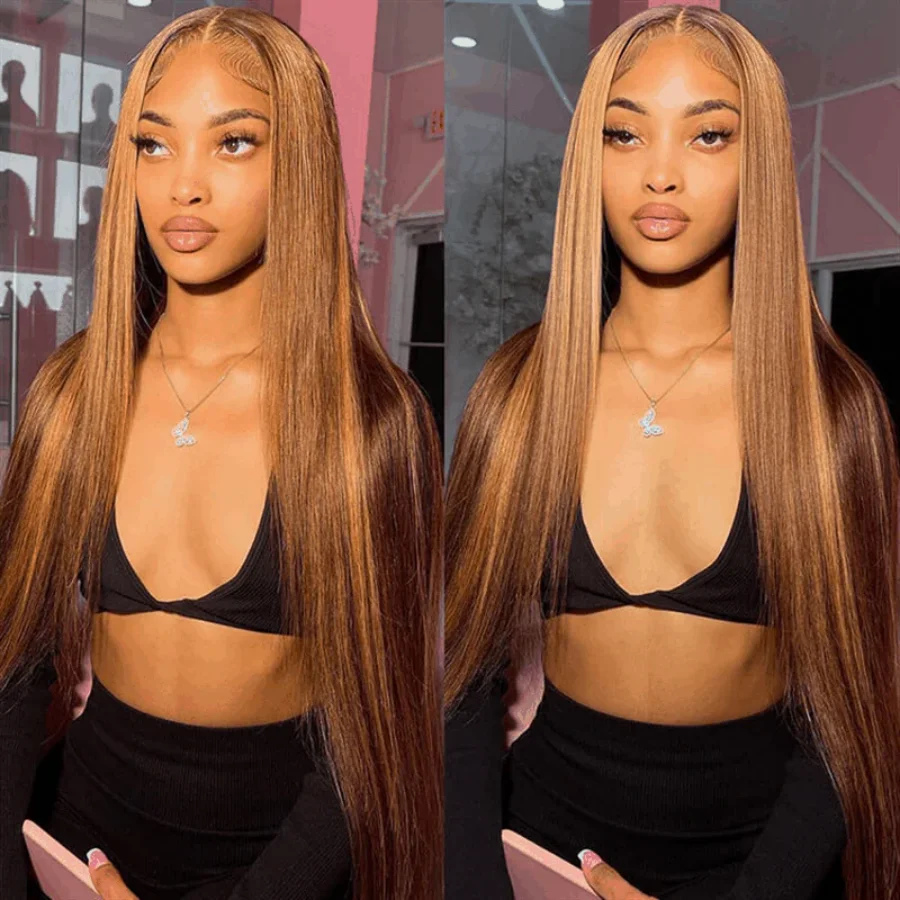

Highlight P4/27 Bone Straight 13x6 Lace Frontal Wig Human Hair 40 30 Inch Ombre Brown Colored Wig Brazilian Hair Honey Blonde