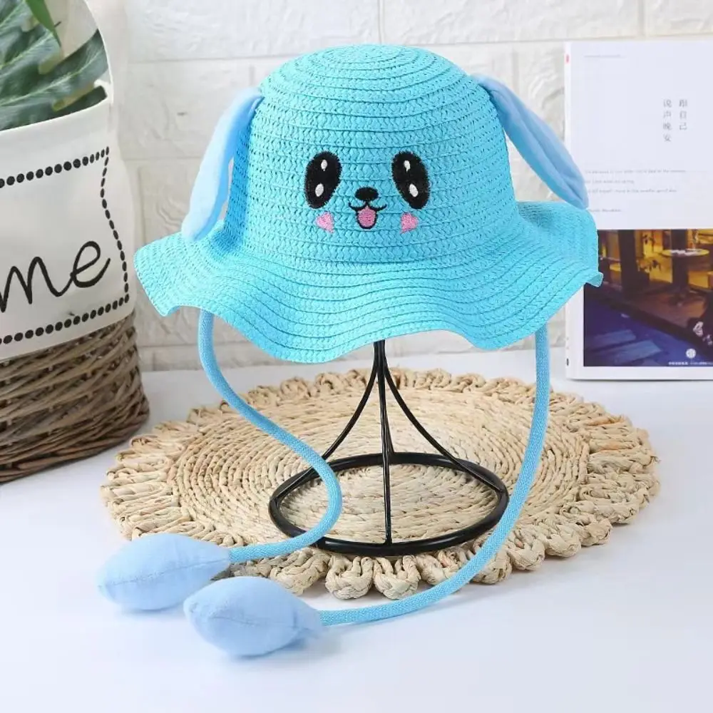 Sombrero de paja con sombrilla de oreja de conejo para niños, protector solar para el sol, sombrero de conejito móvil para fiesta de Cosplay, sombreros de vacaciones de 4 a 12 años