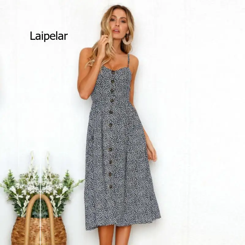 Women Holiday Beach Midi Sundress Summer Strappy Casual Buttons Pockets Dress 2022New Style Vintage Lady Dress Elegant Polka Dot