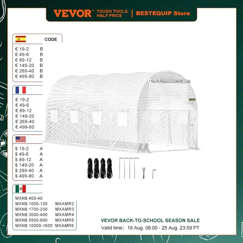 VEVOR 15x7x7ft Portable Walk-in Tunnel Greenhouse with Galvanized Steel Hoops 1 Top Beam Diagonal Poles 8 Roll-up Windows White