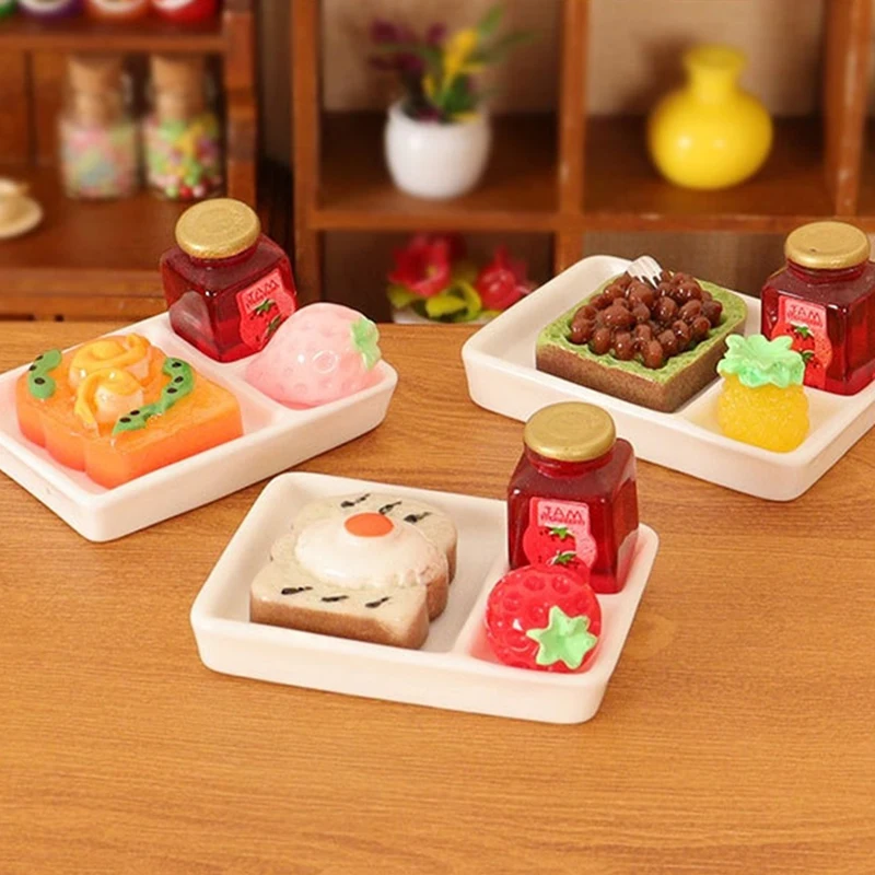 4Pcs 1:12 Dollhouse Miniature Bread Fruit Plate Jam Set Mini Food Tray Tableware Banana Apple Pineapple Model Kitchen Decor Toys