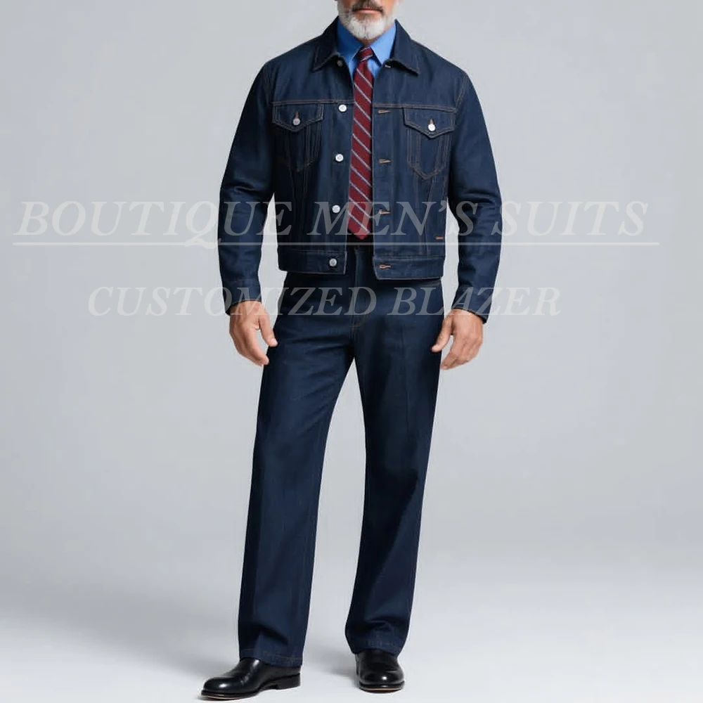 

Casual Denim Men's Suits Clothing Fashion Single Breasted Stand Lapel 2 Piece Jakcet Pants Sets Customzied Outfits Costume Homme