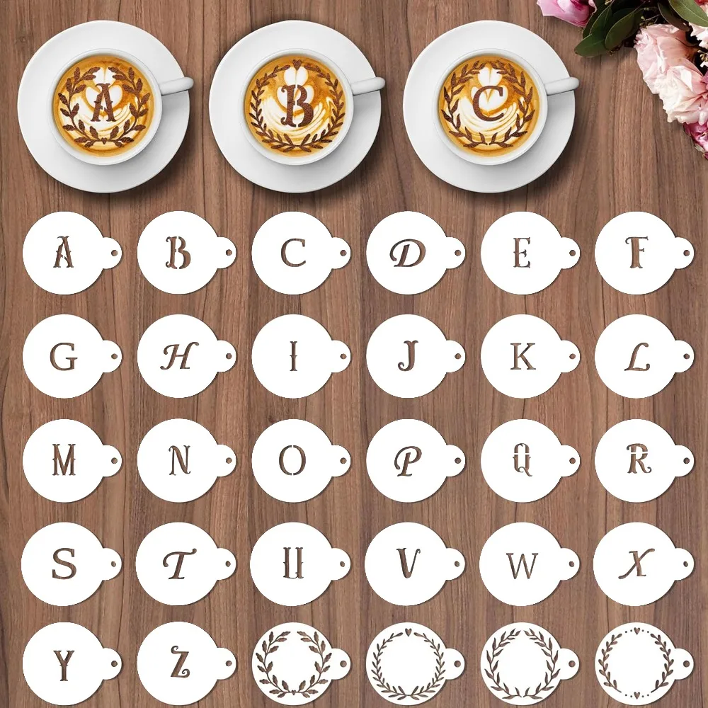 30Pcs Alphabet Coffee Stencils, Round Letter Template for Latte Art, Sourdough Bread, Cake and Cookie Decoration