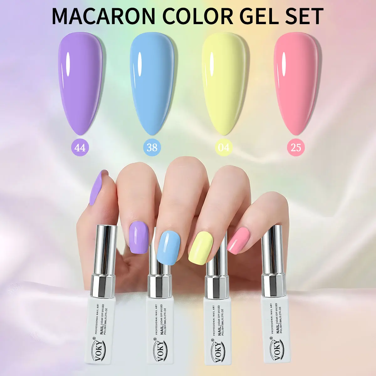 VOKY four-piece macaron pastel color nail gel set includes solid colors such as purple, sky blue, lemon yellow, and hot pink, with high color rendering and a bright shine, making it an ideal choice for spring and summer holiday salons and DIY manicures.