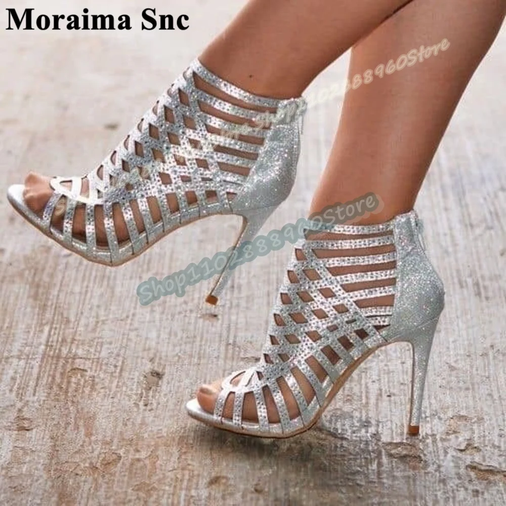 

Sparkling Silver Crystals Cross Strap Sandals Stilettos High Heel Shoes For Women Back Zipper Peep Toe Party Trending Sandals