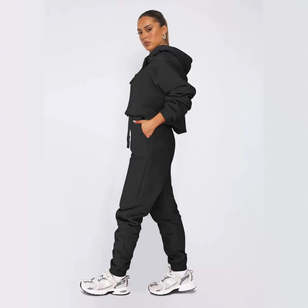 Spring Autumn Women\'s Clothing Set Female Solid Color O-neck Hooded Pullover+ Elastic Drawstring Pants Tracksuit For Women