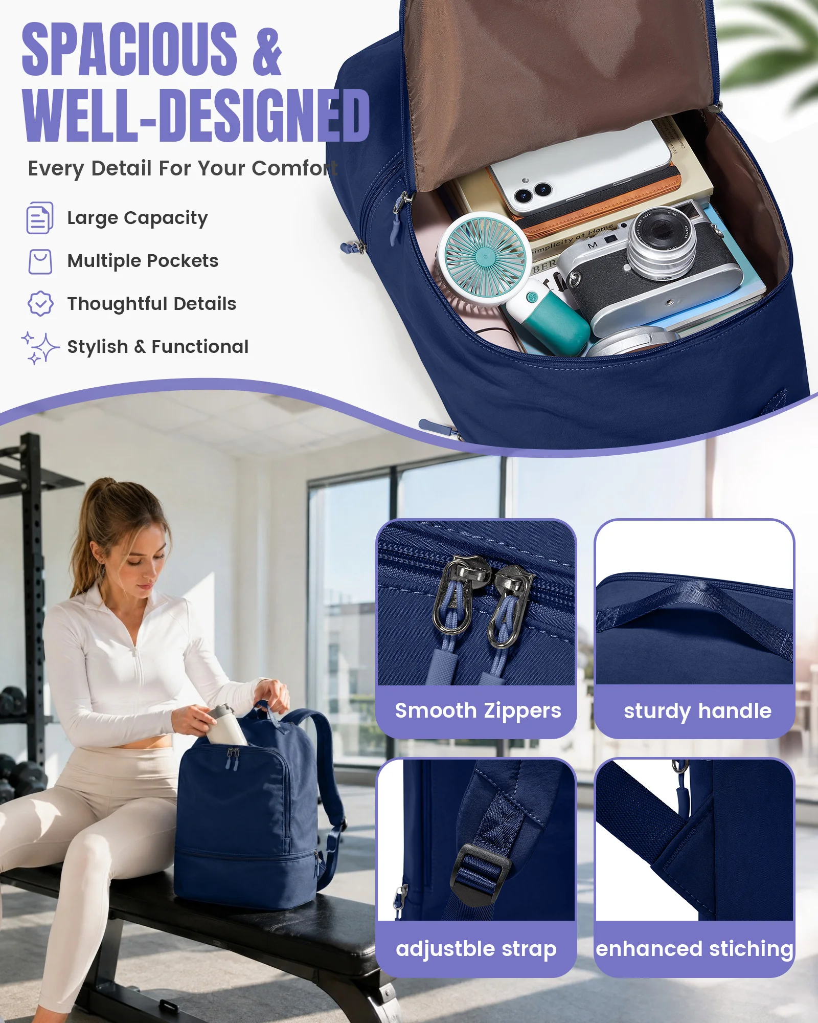 Sportrucksack, Tennistasche, Fassungsvermögen für 2 Schläger, mit Schuhfach, Reiserucksack, Sport- und Fitnessrucksack für Tennis und Pickleball. – Detail 2