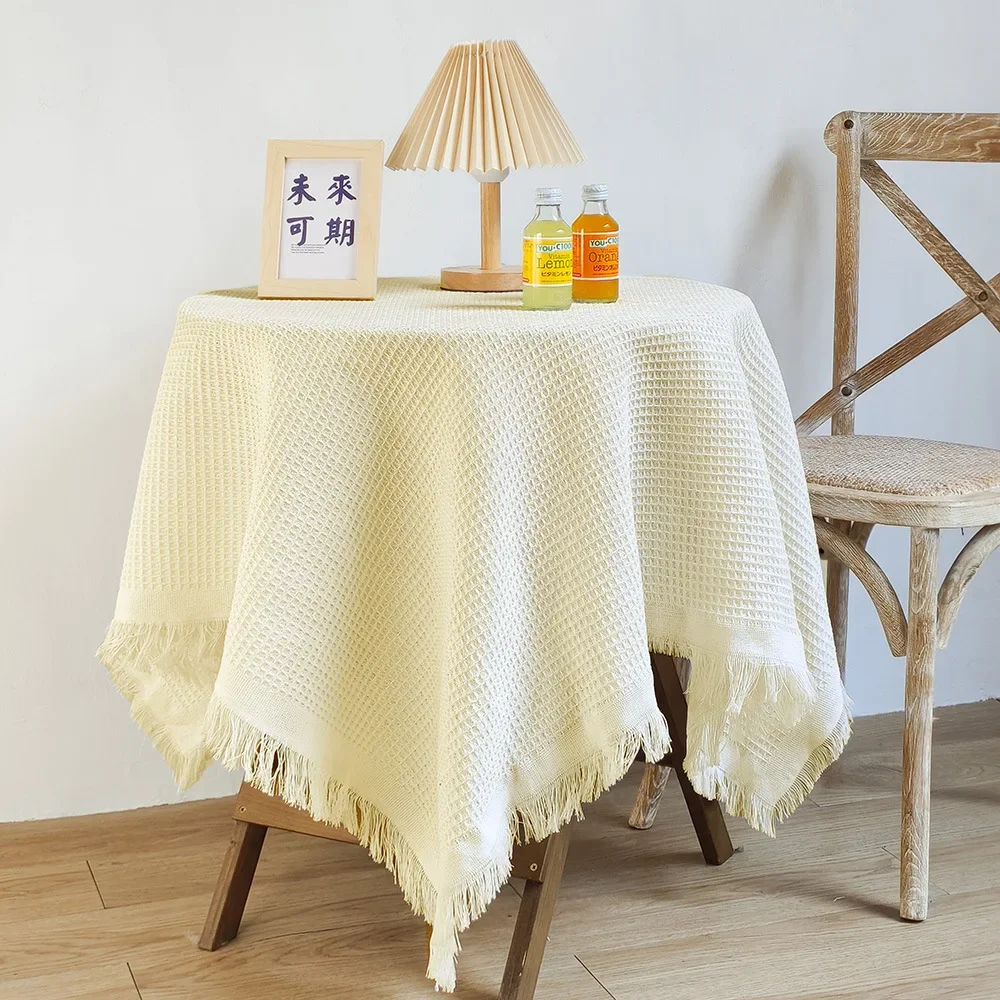 

2024 Cream White Cotton and Linen Fringed Tablecloth