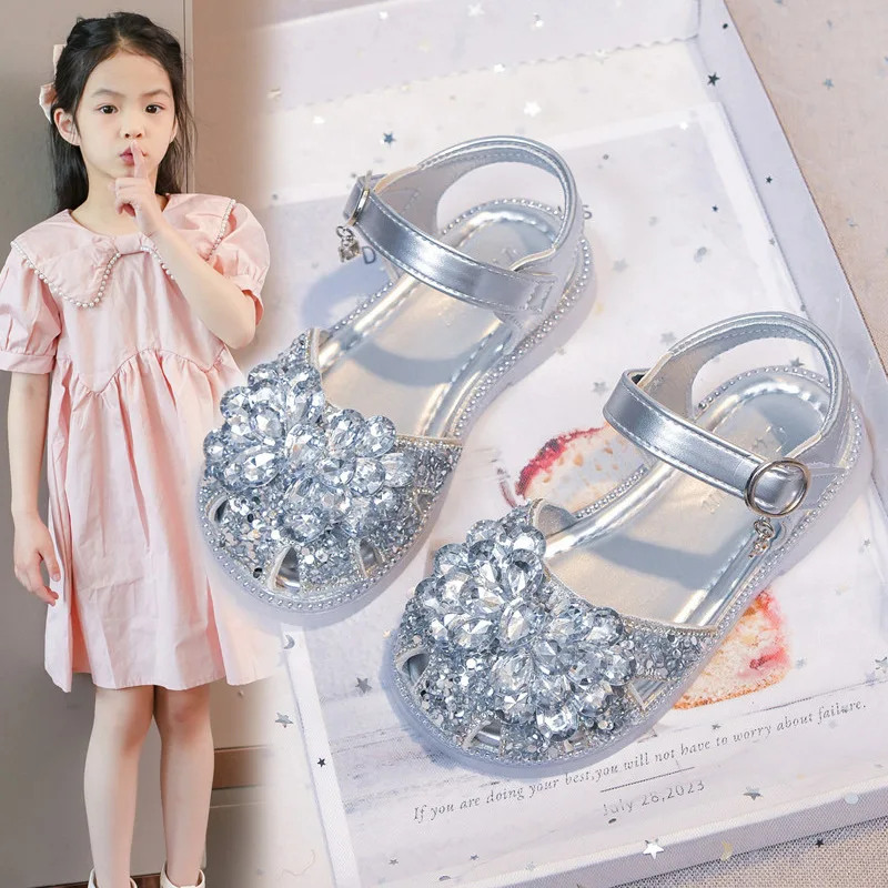 Girls Crystal Slip-On Shoes Soft Bottom Rhinestone Princess Flats Spring Autumn New Style Kids Lightweight Sweet Leather Shoes