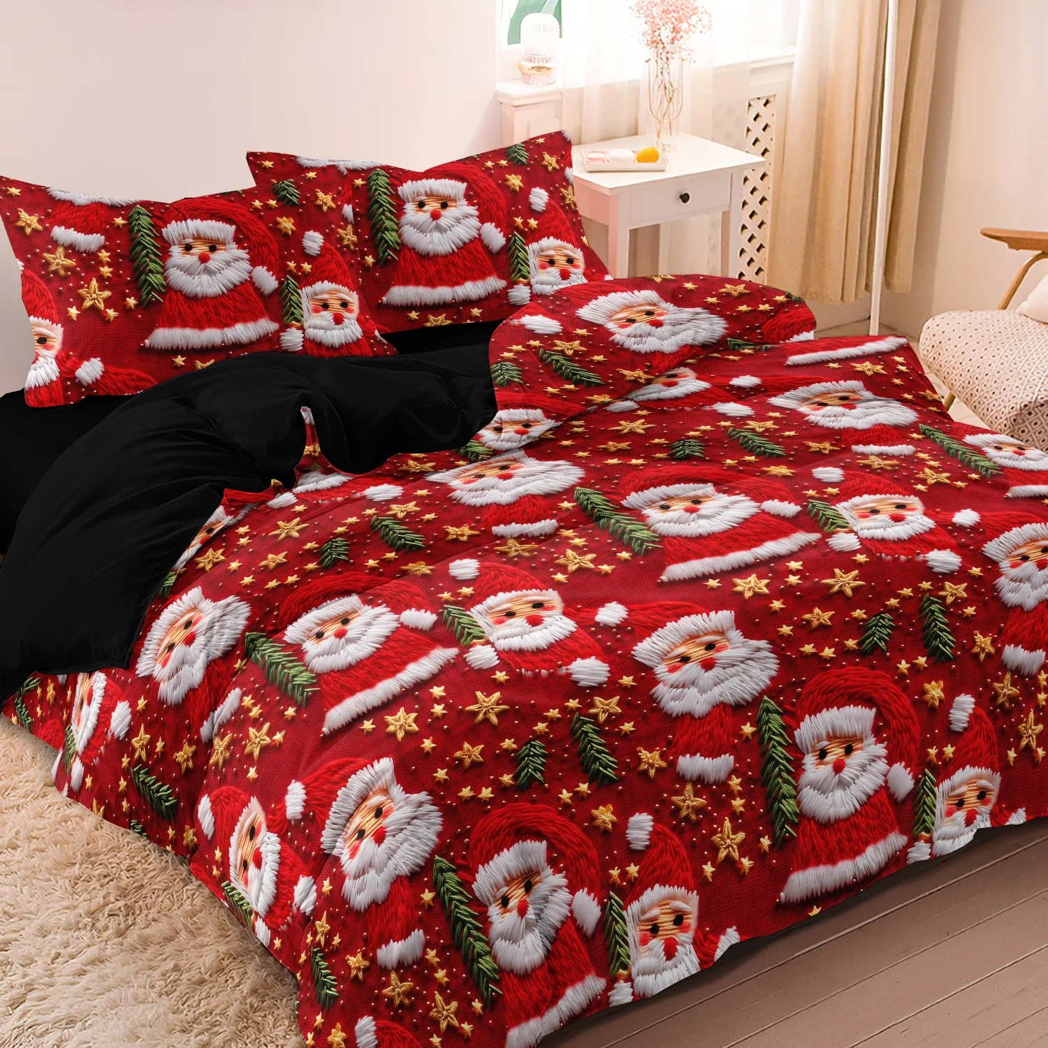3Pcs Red Santa, Mini Christmas Trees and Golden Star Print Duvet Cover Set, Allover Santa Claus Christmas Bedding, Bedroom Decor