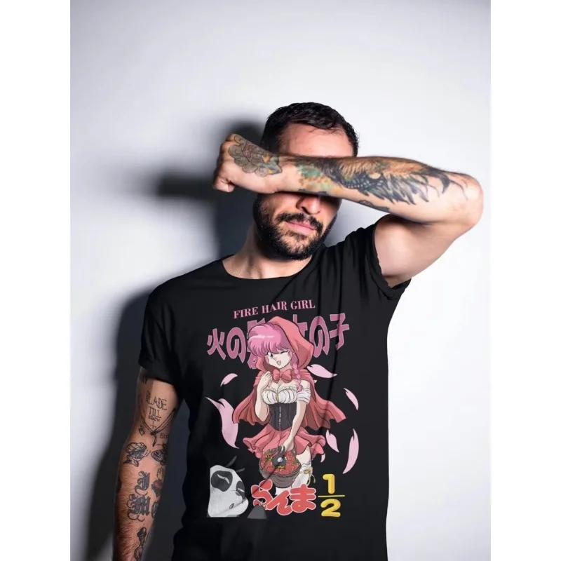 Ranma 1/2 Saotome Ranma Graphic T-Shirt Vintage Fire Hair Girl Anime Manga Print Oversized Cotton Unisex Streetwear Casual Tee