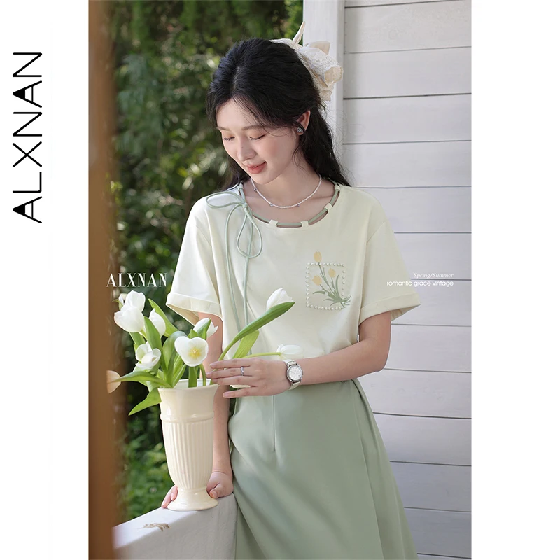 ALXNAN Plus Size Printed T-shirt Lace-up Beaded Design Women's T-shirt Summer Elegant Loose-fit Short Sleeve Tops Ladies D112112